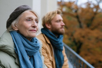 Fototapeta premium Elderly couple autumn balcony portrait with contemplative expressions for background and banner design