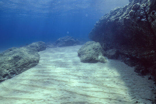 Underwater seascape a photograph featuring a sandy seabed between rocky formations.The water is clear and blue, with sunlight filtering down to create lighting effects . Alghero, Sardinia