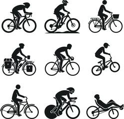 Obraz premium Cycling diversity silhouette collection showing road racing mountain biking city commuting touring and recumbent bicycles for various sport and transport applications.