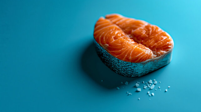 Fresh atlantic salmon steak on a bright blue background with sea salt seafood market raw fish
