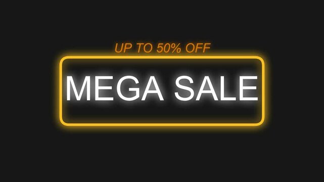 Bright neon glowing buttons featuring mega sale text with up to fifty percent discount offers