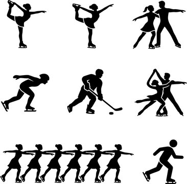 Ice skating silhouettes dancers performing figure skating routine pairs dancing ice sport graceful woman active athlete routine.