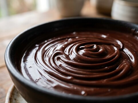 Closeup view of smooth and glossy melted chocolate swirling in a black bowl