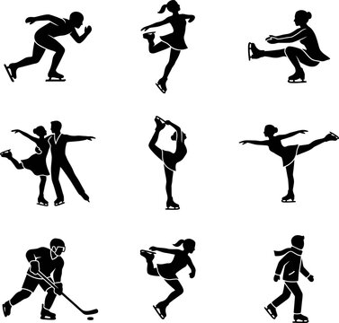 Vector silhouette pack showcasing variety of winter sports figures including skaters hockey players and ice dancing couples in dynamic poses for athletic design use.