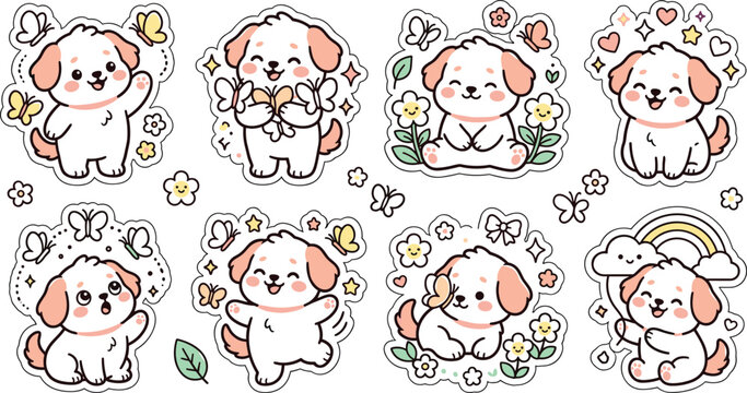 Cute cartoon puppy sticker set with white and pink dog characters waving holding butterflies sitting and dancing for children graphic design templates