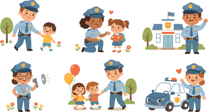 Cute police officers helping children cartoon vector character set for school community safety projects educational posters and greeting card design