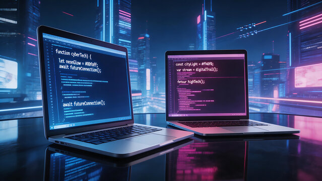 Two laptops with coding on screens