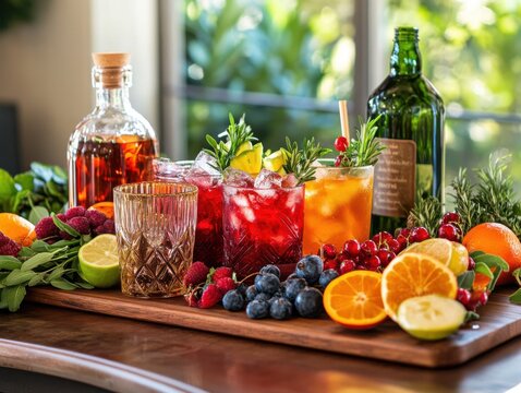 Stylish beverage setup featuring an elegant drink station with curated cocktail garnishes highlighting modern entertaining and creative mixology