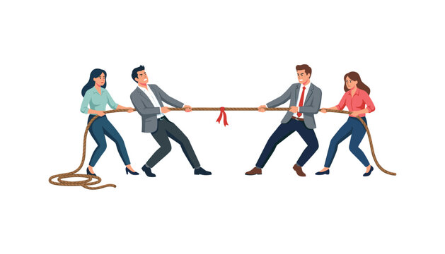 Corporate business people playing tug of war pulling rope concept for competition conflict rivalry disagreement and team crisis vector illustration