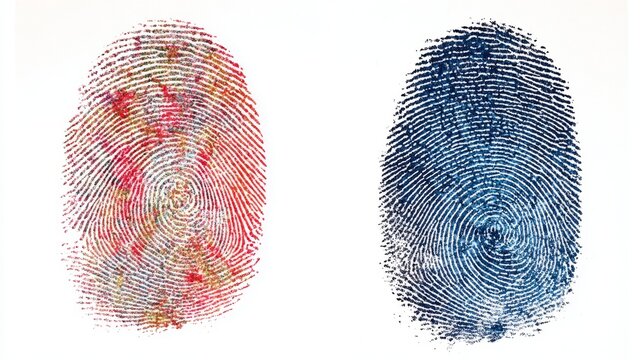 Two fingerprints, one vibrant with color, the other a cool blue, both against a stark white backdrop
