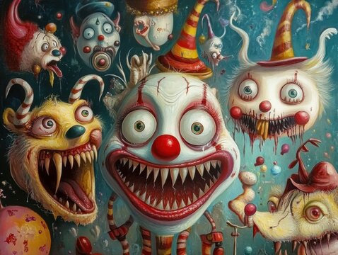 Dreamlike circus fantasy featuring whimsical performers, aerial acrobatics, and surreal stage elements in an imaginative colorful world