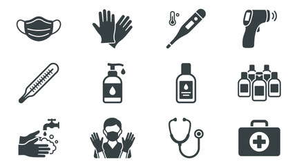 Fototapeta premium Medical icons depicting a doctor wearing a mask and gloves with a stethoscope and thermometer nearby for health and hygiene.