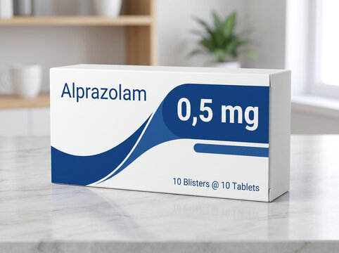 Box of Alprazolam medication on a pharmacy counter