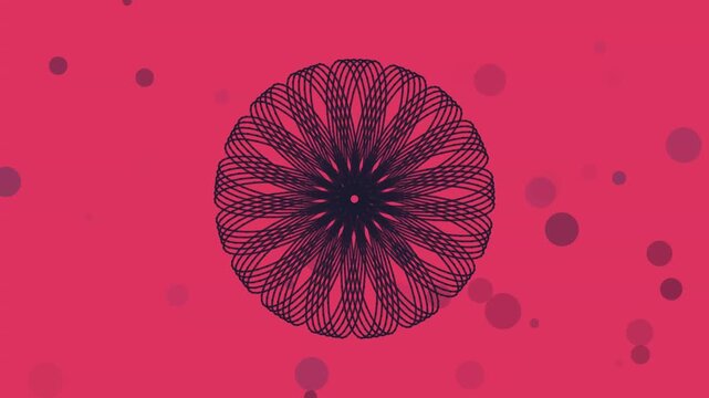 Dark geometric circular patterns rotating on a vibrant pink surface with floating spheres and soft dots