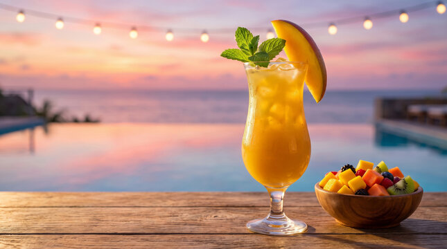 Tropical mango cocktail on a wooden table by an ocean infinity pool at sunset, ideal for luxury resort beverage menus and summer advertising