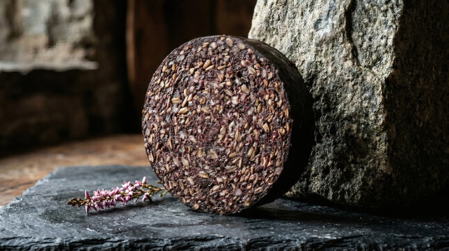 Traditional Stornoway Black Pudding on Rustic Slate Surface with Heather