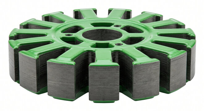 Macro of a brushless motor stator core. Stacked steel laminations coated in bright green epoxy.