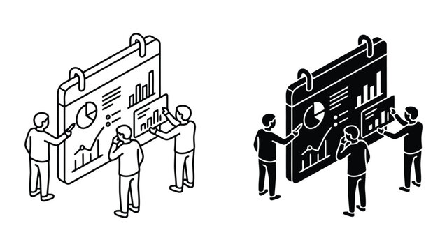 Business team analyzing data charts and graphs isometric concept with business