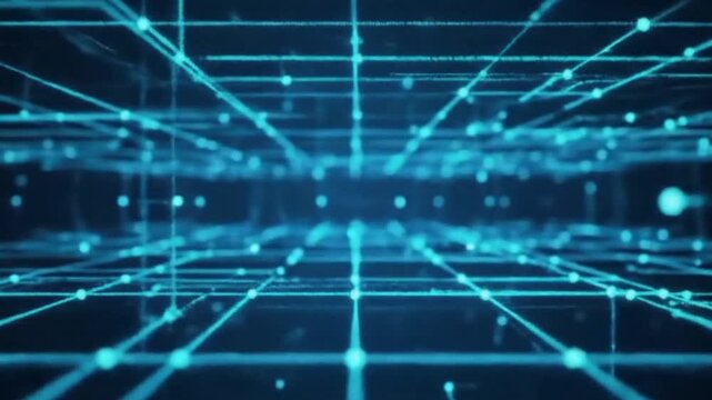 Digital Network Grid: A mesmerizing 3D render depicts a glowing blue digital network grid stretching into a deep, abstract space, conveying the essence of interconnectedness and data flow.