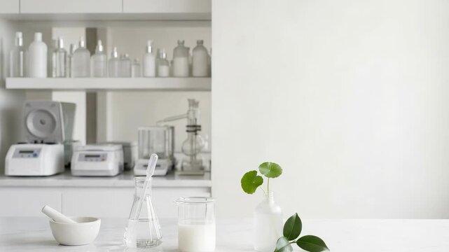 A clean workspace shows various glass containers and a small plant. Instruments are neatly arranged in the background while light fills the area