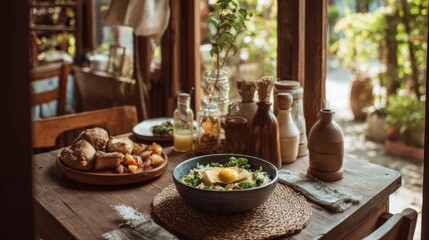 Fototapeta premium Cozy Rustic Dining Table with Bowl of Salad, Fresh Ingredients, and Handcrafted Tableware Surrounded by Natural Light