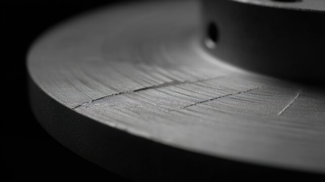 Close up of a scratched metal disc with a dark background and selective focus