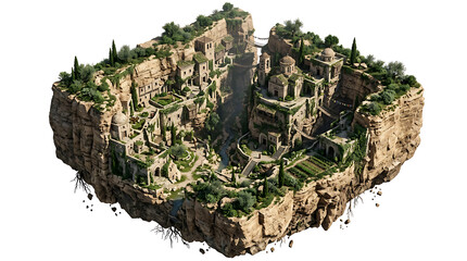 Fototapeta premium Exquisite Isolated Cliffside Ancient Village Floating in the Sky Architectural Concept