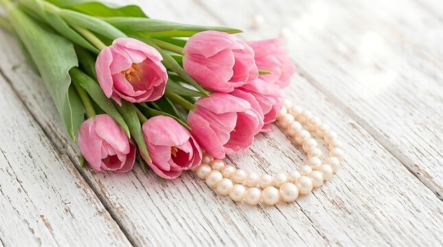 Beautiful pink tulips bouquet with elegant pearl necklace on white wooden background, romantic pink tulips for Mother's Day gift and fresh pink tulips in rustic still life style.
