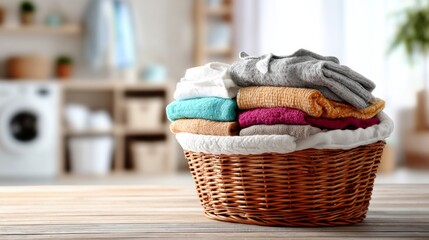 Obraz premium Freshly Laundered Towels Stacked Neatly in a Woven Basket in Bright and Cozy Laundry Space