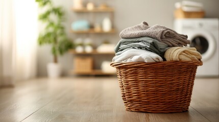 Obraz premium Cozy Laundry Room with a Woven Basket Filled with Clean Towels and Soft Blankets in a Bright and Inviting Space