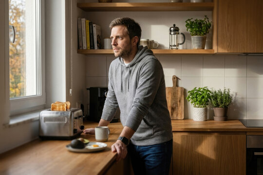Pensive man looking out window standing in sunny wooden kitchen representing hope and morning contemplation