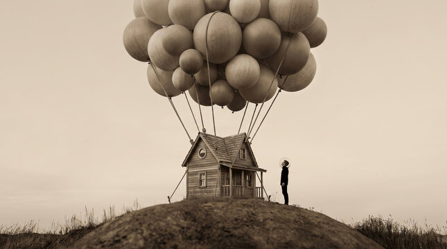 Vintage house tethered to giant balloons on a grassy hill, evoking wonder, escape, and new beginnings for creative conceptual design projects.