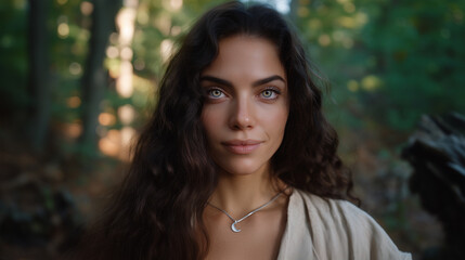Fototapeta premium Luna Vale, a peaceful 30-year-old female nature traveler, consistent character identity, beautiful natural woman with long dark chestnut wavy hair, deep hazel green eyes, soft oval