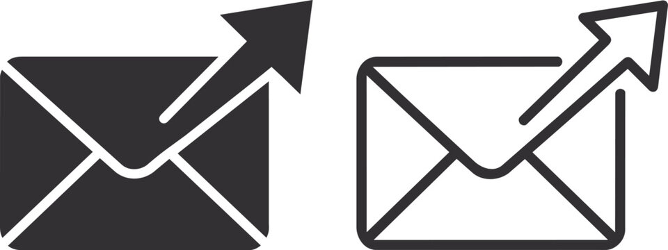 Minimal outgoing email message icon set featuring solid and outline styles with an upward arrow. Ideal for communication, messaging, interface, and application design