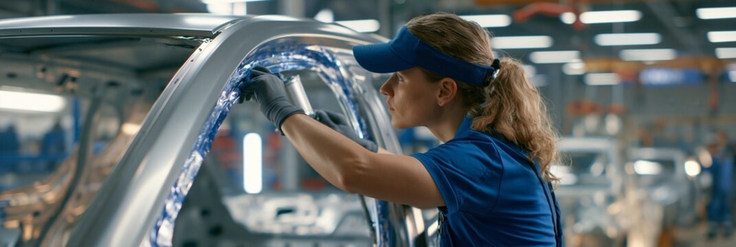 Worker applying primer evenly around the window aperture inside the vehicle body preparing the surface for secure glass adhesion and corrosion protection.