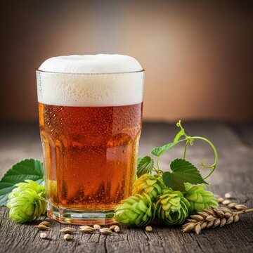 A cold glass of sparkling amber hop drink with frothy white foam sitting on a rustic wood surface surrounded by fresh green organic hops, mug, organic, foam