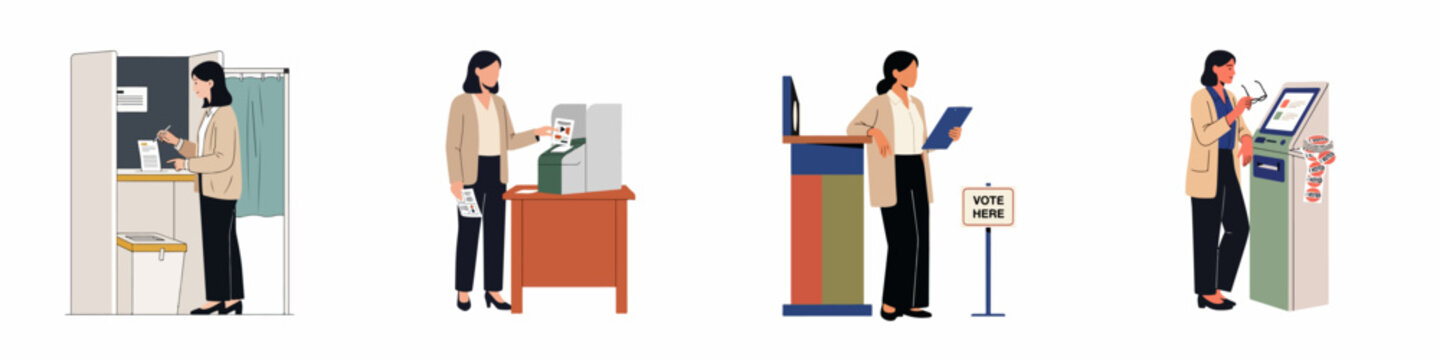 Set of flat vector illustrations depicting a woman participating in various stages of the voting process at a polling station during an election.