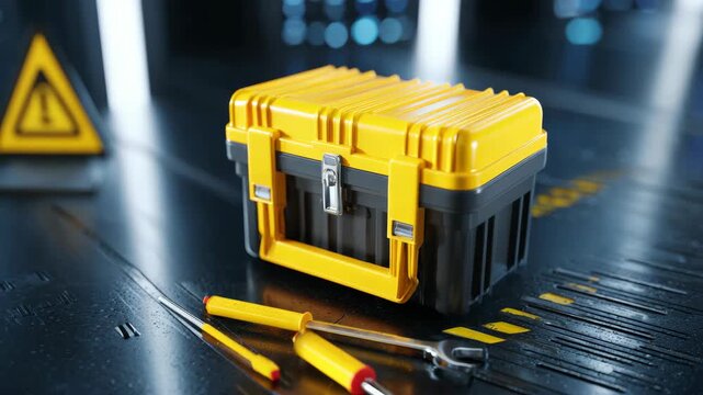 A bright yellow toolbox filled with various tools and equipment, placed on a reflective surface in an industrial setting, with high-tech machinery behind it.