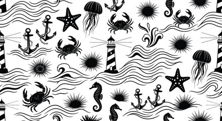 Seamless Black and White Ocean Pattern with Anchors, Lighthouses, Seahorses, Jellyfish, Crabs, Starfish, and Waves in a Minimalist Scandinavian Nautical Flat Illustration Style. © Izzana
