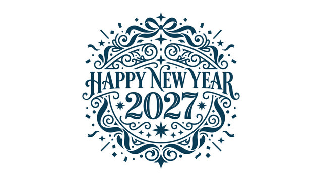 Happy New Year 2027 Graphic Design: A decorative circular emblem with intricate scrollwork and starburst accents proclaims Happy New Year 2027 in a stylized font, perfect for festive celebrations.