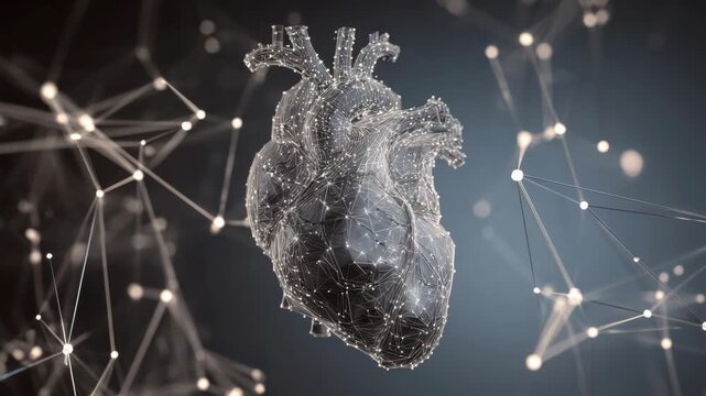 Digital heart floats amid glowing network connections. Complex lines radiate from nodes surrounding the structure. Heart model has detailed, textured surface with light reflections