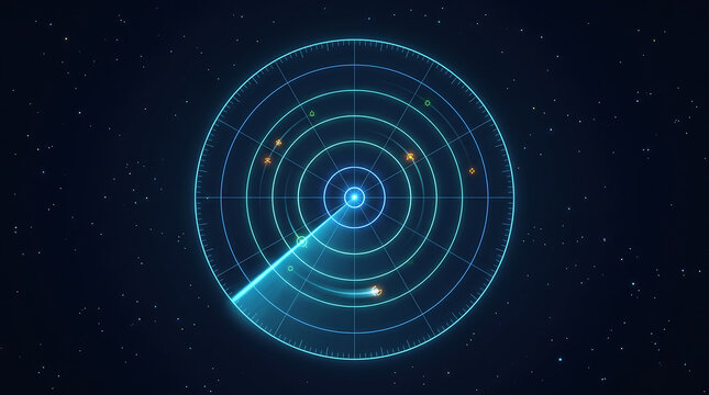 Futuristic blue digital radar screen showing sonar scanning with target icons in deep space background displaying nautical navigation system for exploration technology and mapping.