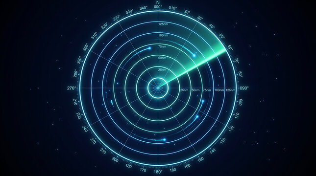 Advanced digital nautical radar interface showing coordinate degrees and distance markers for ship navigation with glowing green sonar sweep on professional dark blue background set.