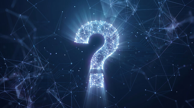 Luminous blue question mark symbol made of digital connections and glowing network dots for information technology support and faq problem solving concept on dark tech background.