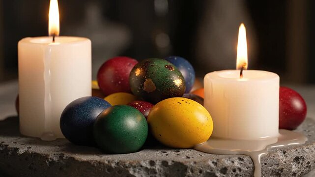 Multi-colored dyed Easter eggs with gold speckles placed between two lit white pillar candles on a rustic gray stone tray with melting wax, dark moody indoor lighting.