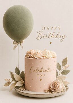 Elegant Birthday Cake With Decorative Balloon And Soft Neutral Celebration Theme