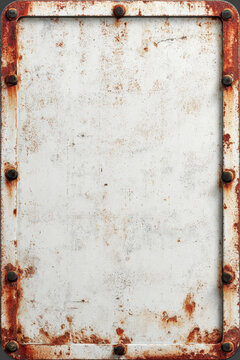 Rusted metal plate with riveted border and worn white surface. Perfect for industrial ads, warning signs, vintage posters, and web banners.
