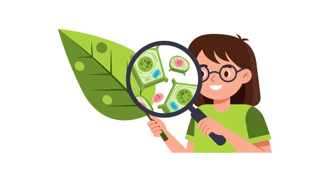 Girl Student Examining Plant Cell Structure Under a Magnifying Glass - Science Education Concept
