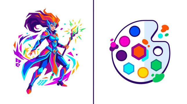 Colorful Female Warrior and Art Palette Geometric Vector Illustration