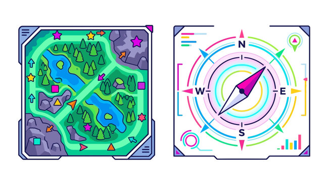 Fantasy game map and digital navigation compass vector illustration set